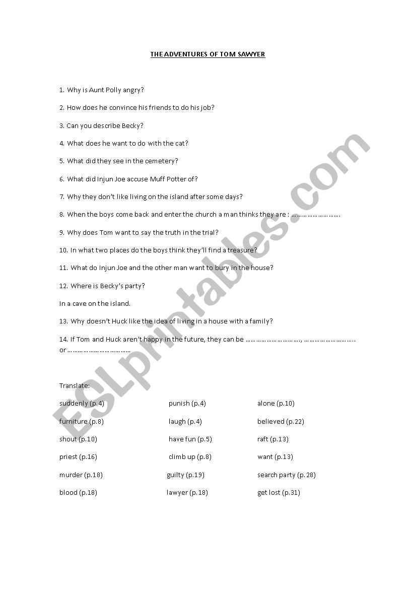 Tom Sawyer worksheet