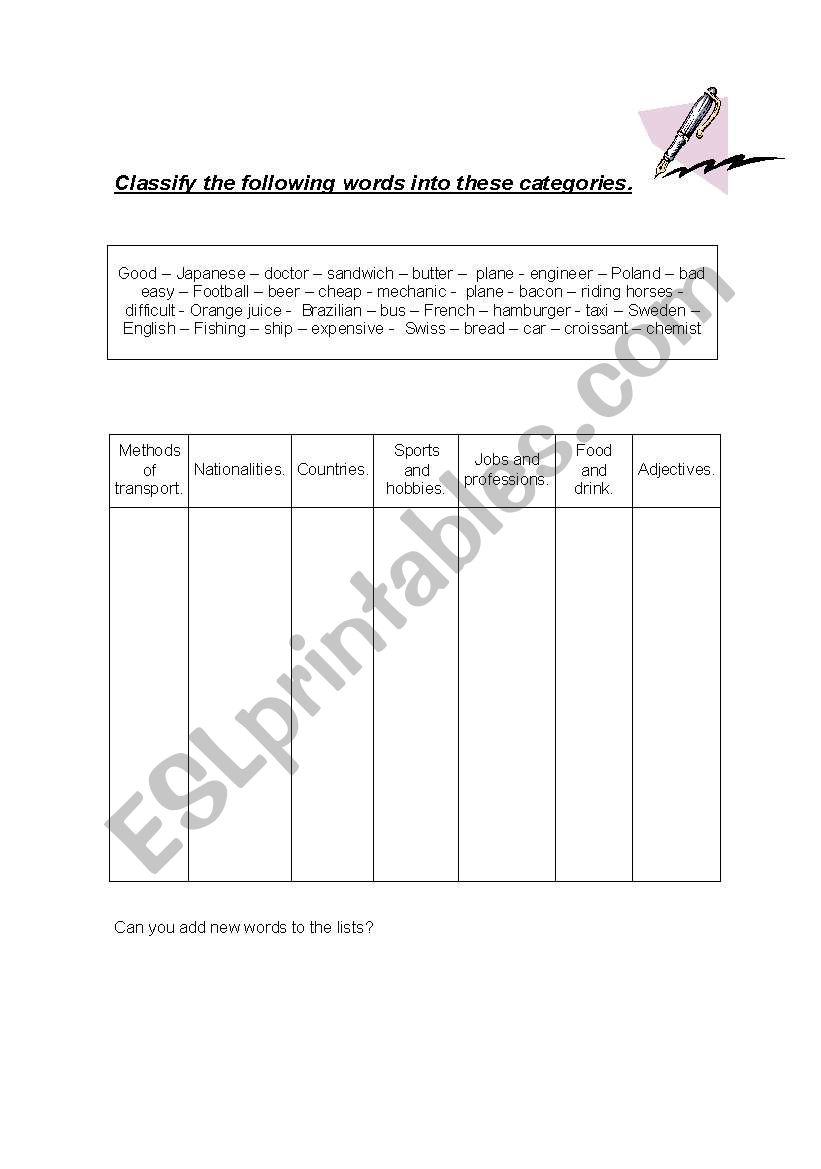 Word Categories worksheet