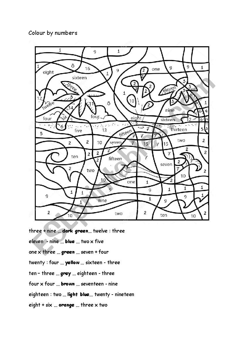 Colour by numbers 1 - 20 worksheet