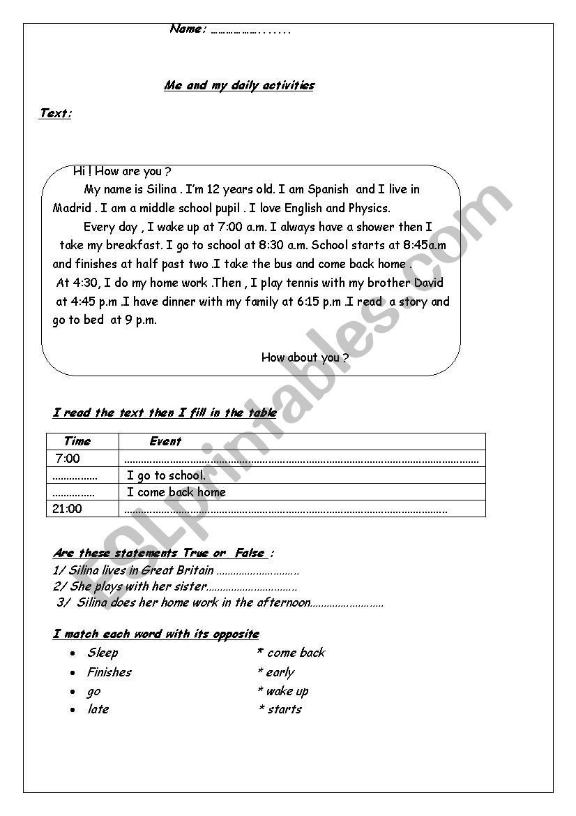 daily activities worksheet