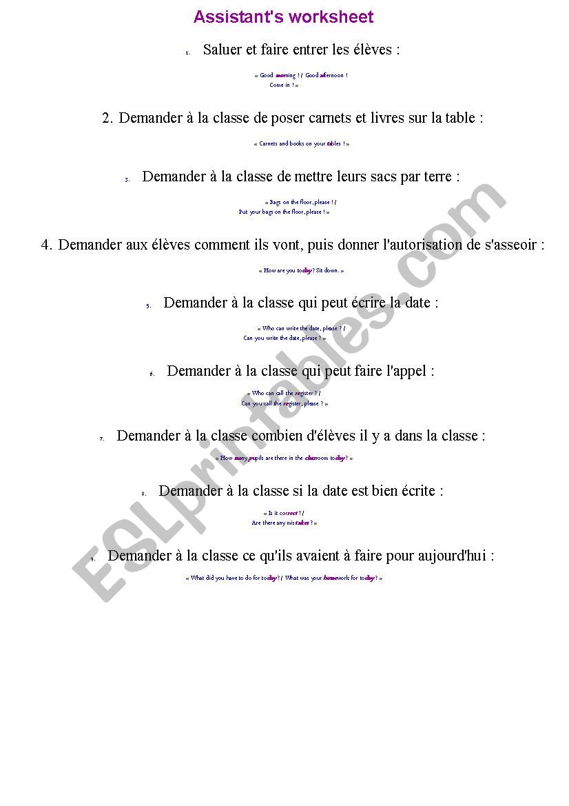 Assistant teacher worksheet