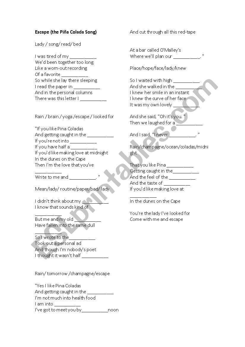 Escape - song worksheet