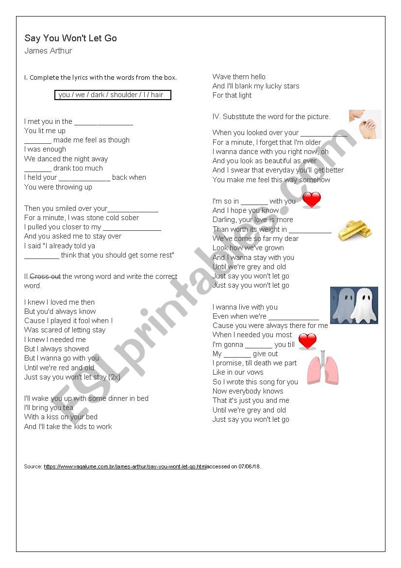 Say you wont let go worksheet