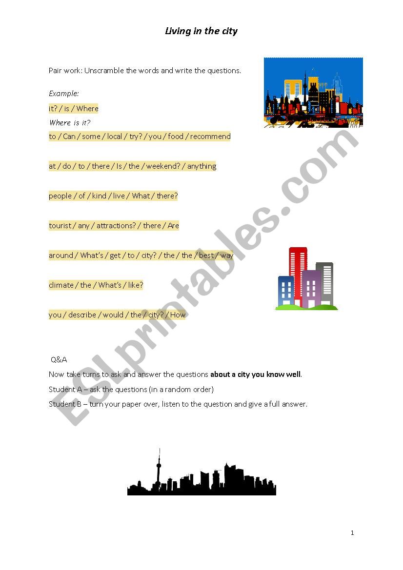 Living in the city worksheet