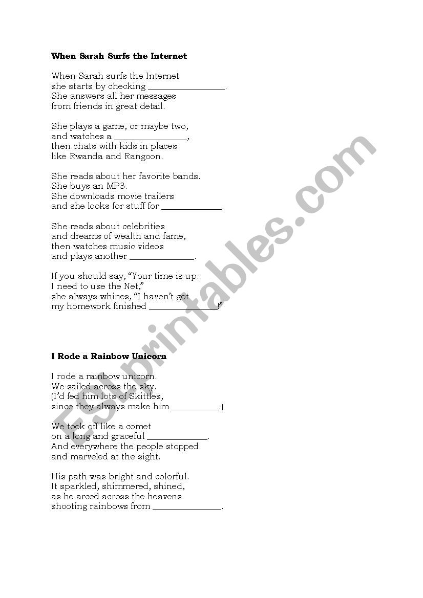 Childrens Poems to Complete worksheet