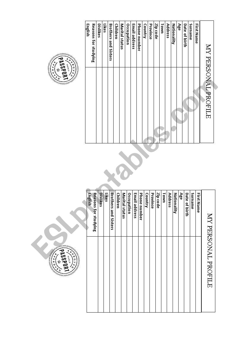 My personal profile  worksheet