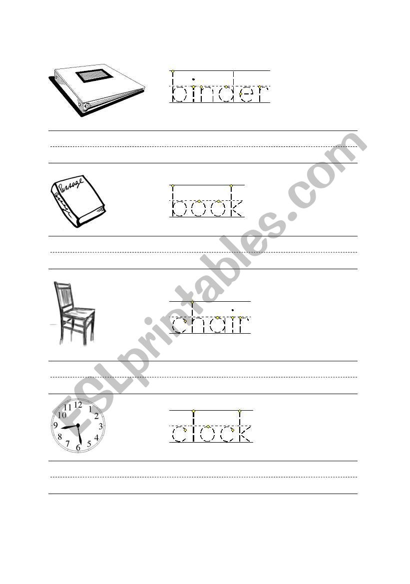 Classroom vocabulary: binder, book, chair, clock