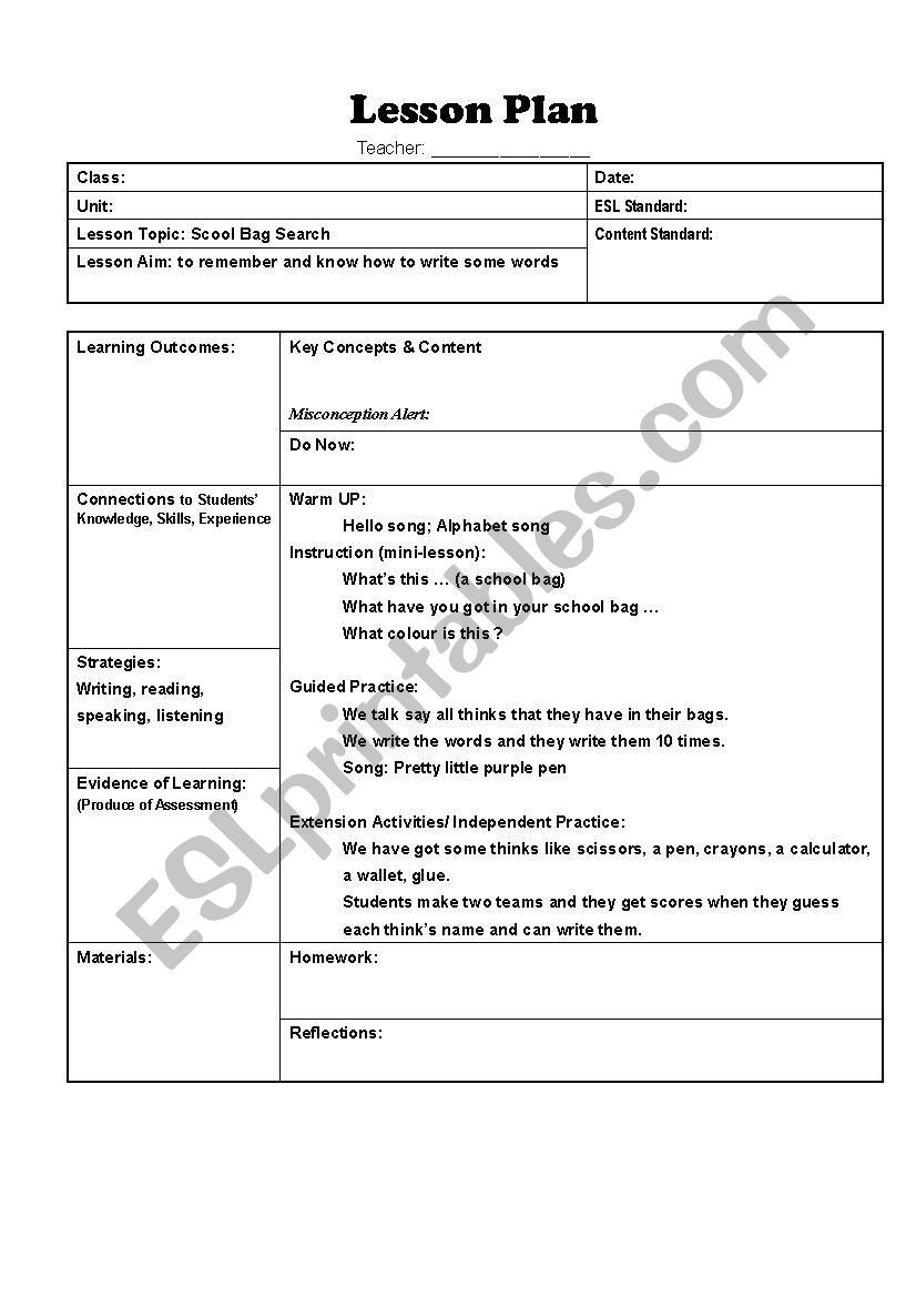 Scool Bag worksheet