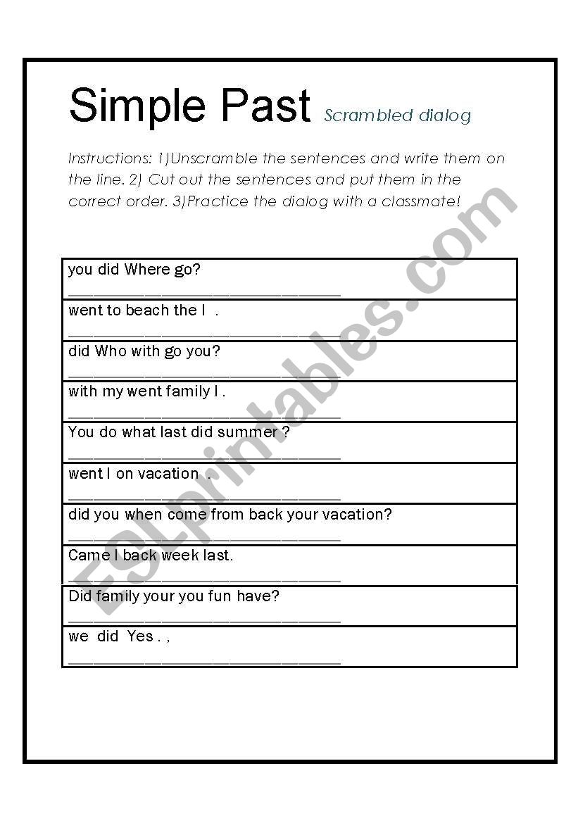 Simple Past scrambled dialog worksheet