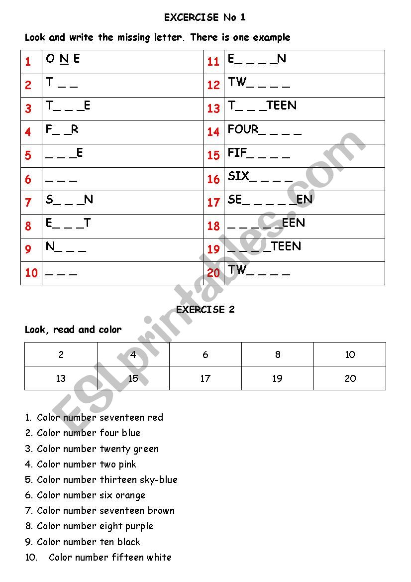 NUMBER 1 TO 20 worksheet