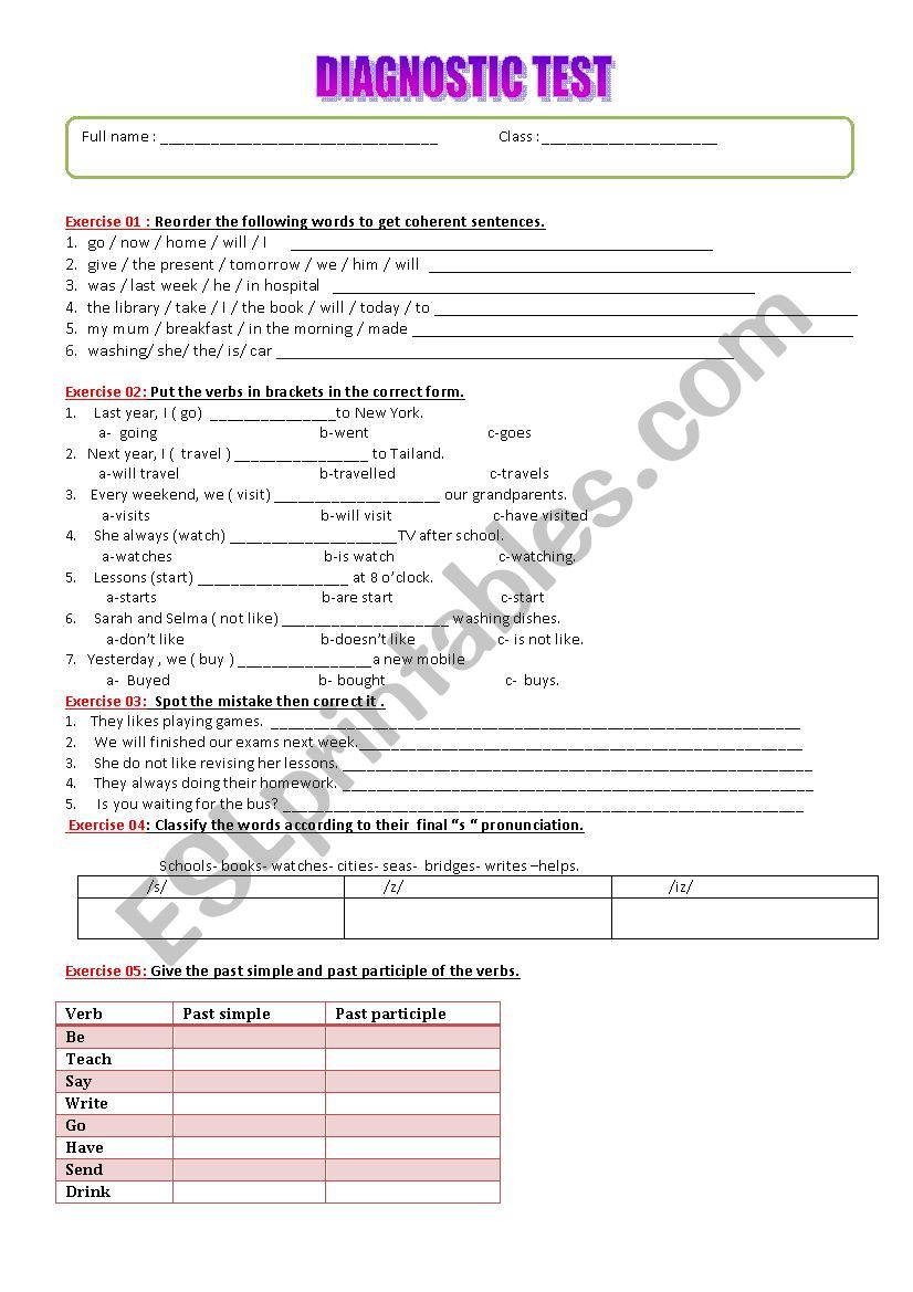 Diagnostic test  worksheet