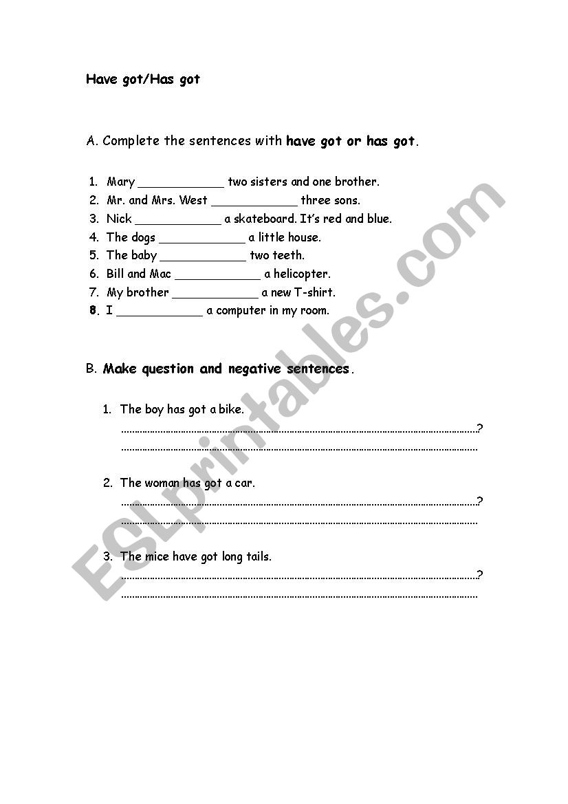 Have Got/ Has Got worksheet