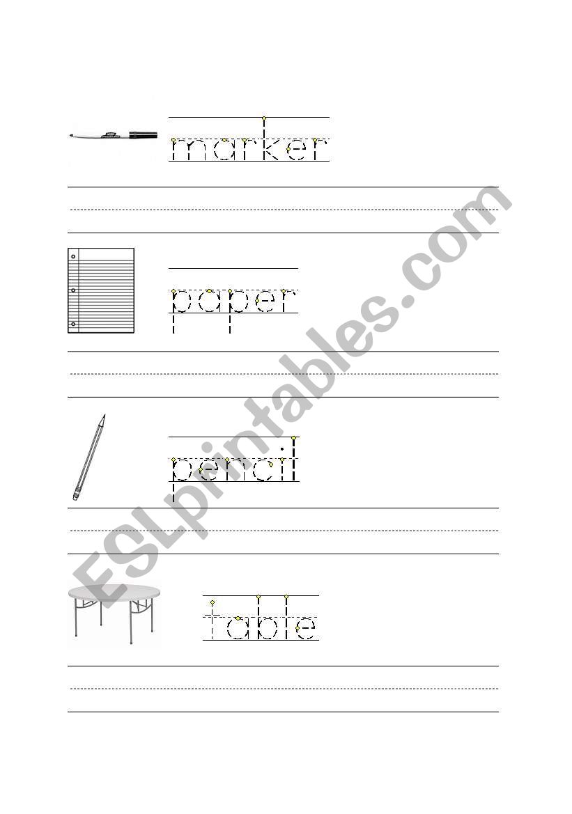 Classroom vocabulary: marker, paper, pencil, table
