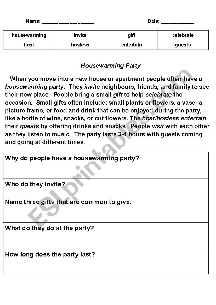 Housewarming Party worksheet