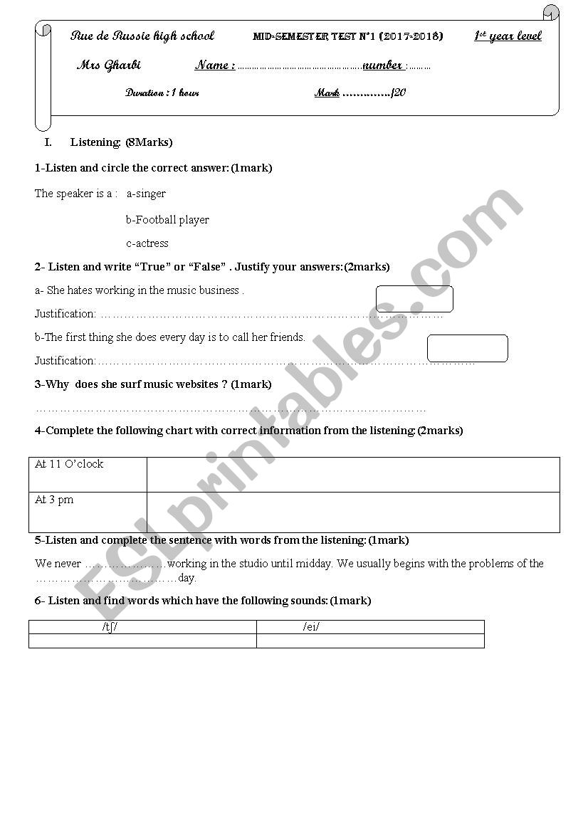 exam 1st year worksheet