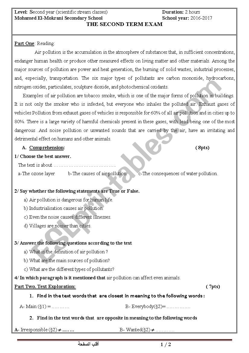 Pollution worksheet