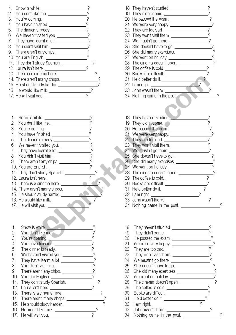 tag questions worksheet