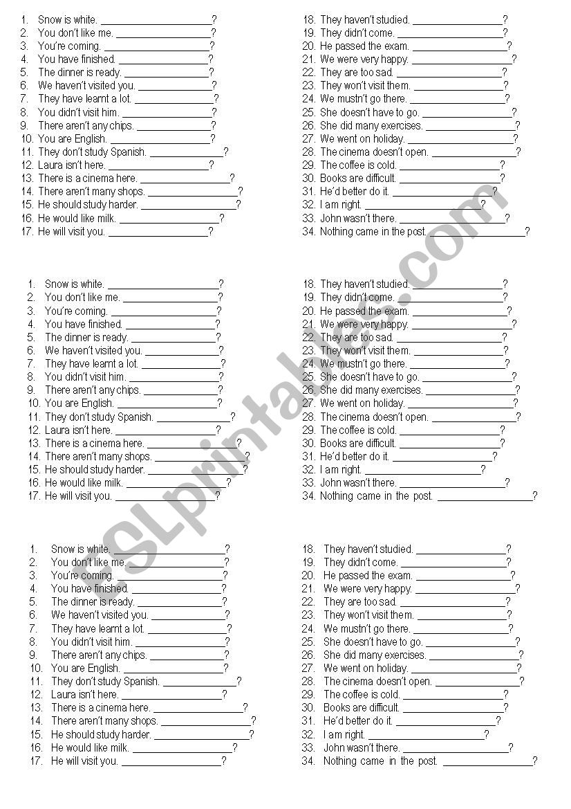 tag questions worksheet