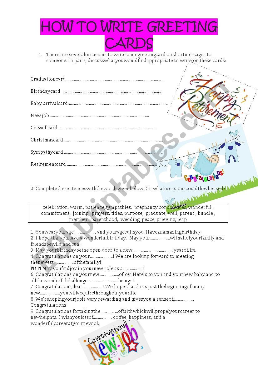 Celebrations, greeting cards worksheet