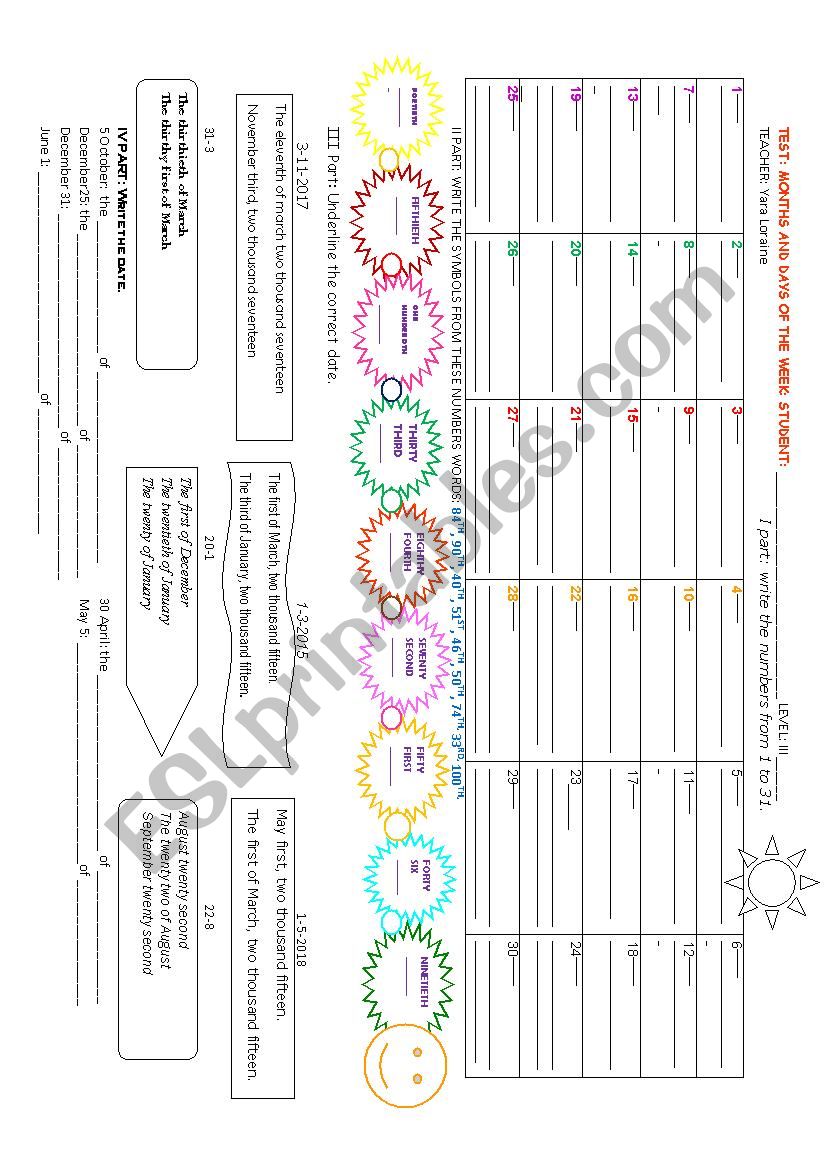 TEST ORDINAL NUMBERS AND DATE 