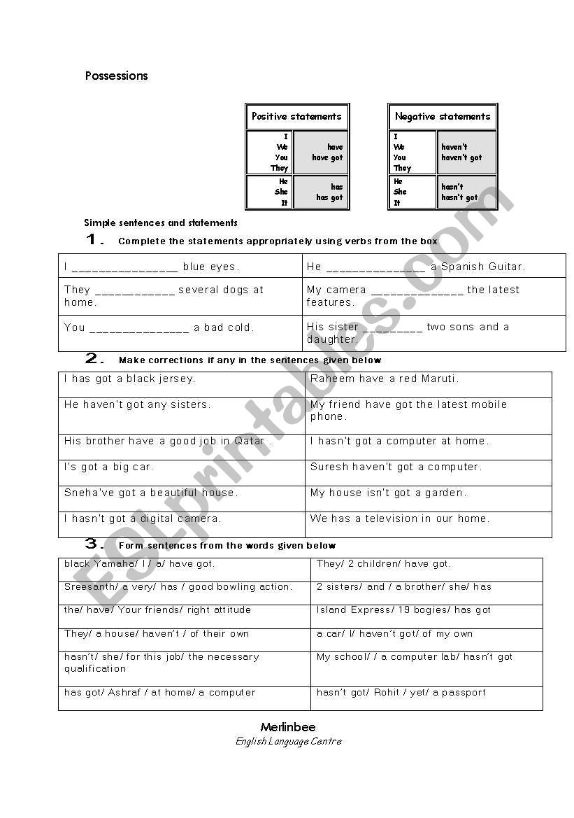 Talking about Possessions worksheet