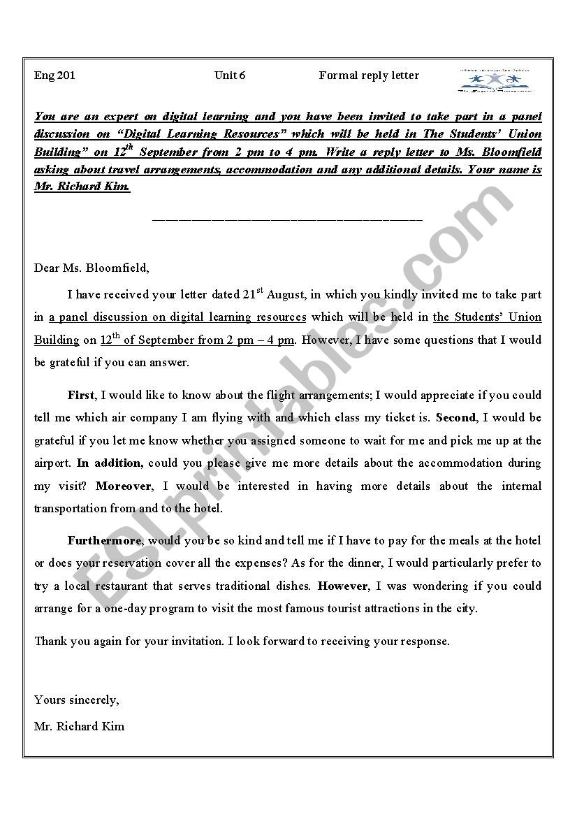 formal reply letter - ESL worksheet by amoor11