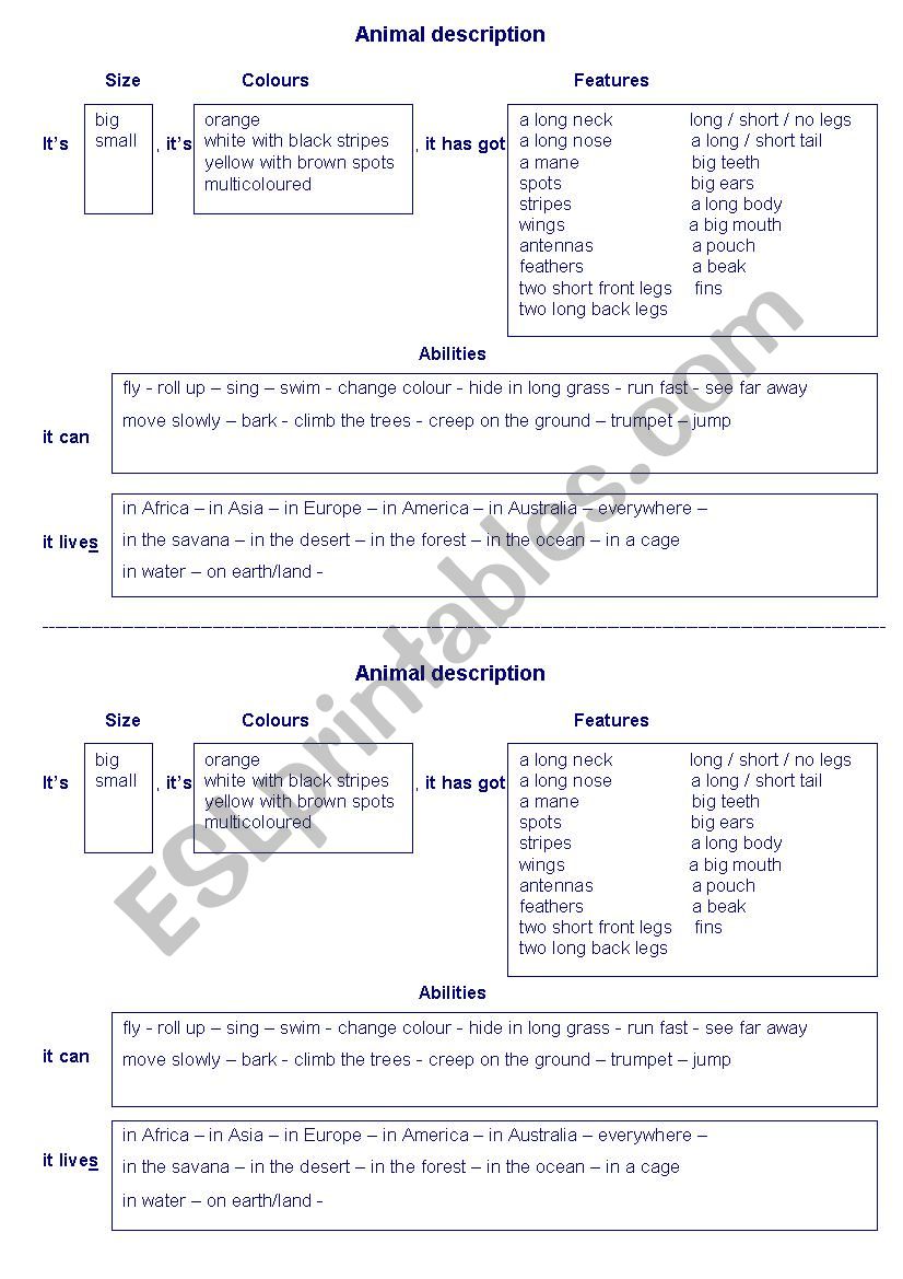 describing animals - grid worksheet