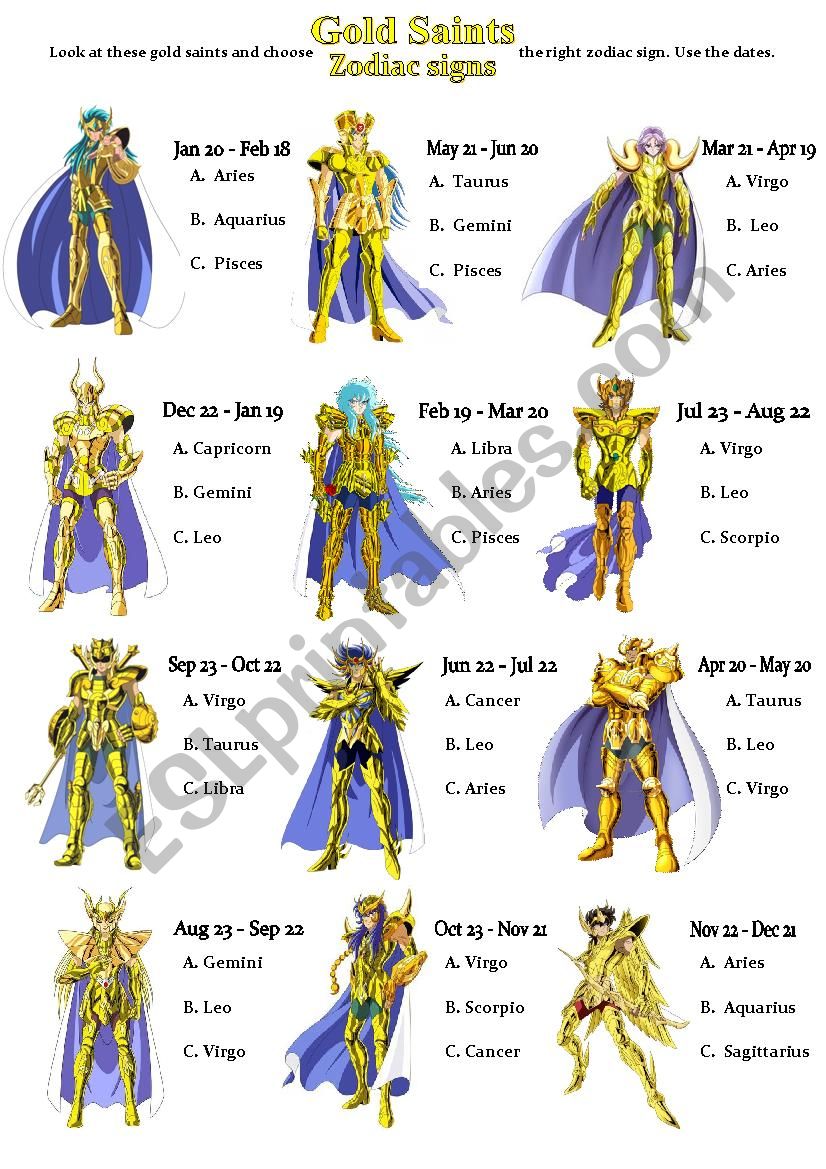 Gold saints and zodiac sign worksheet