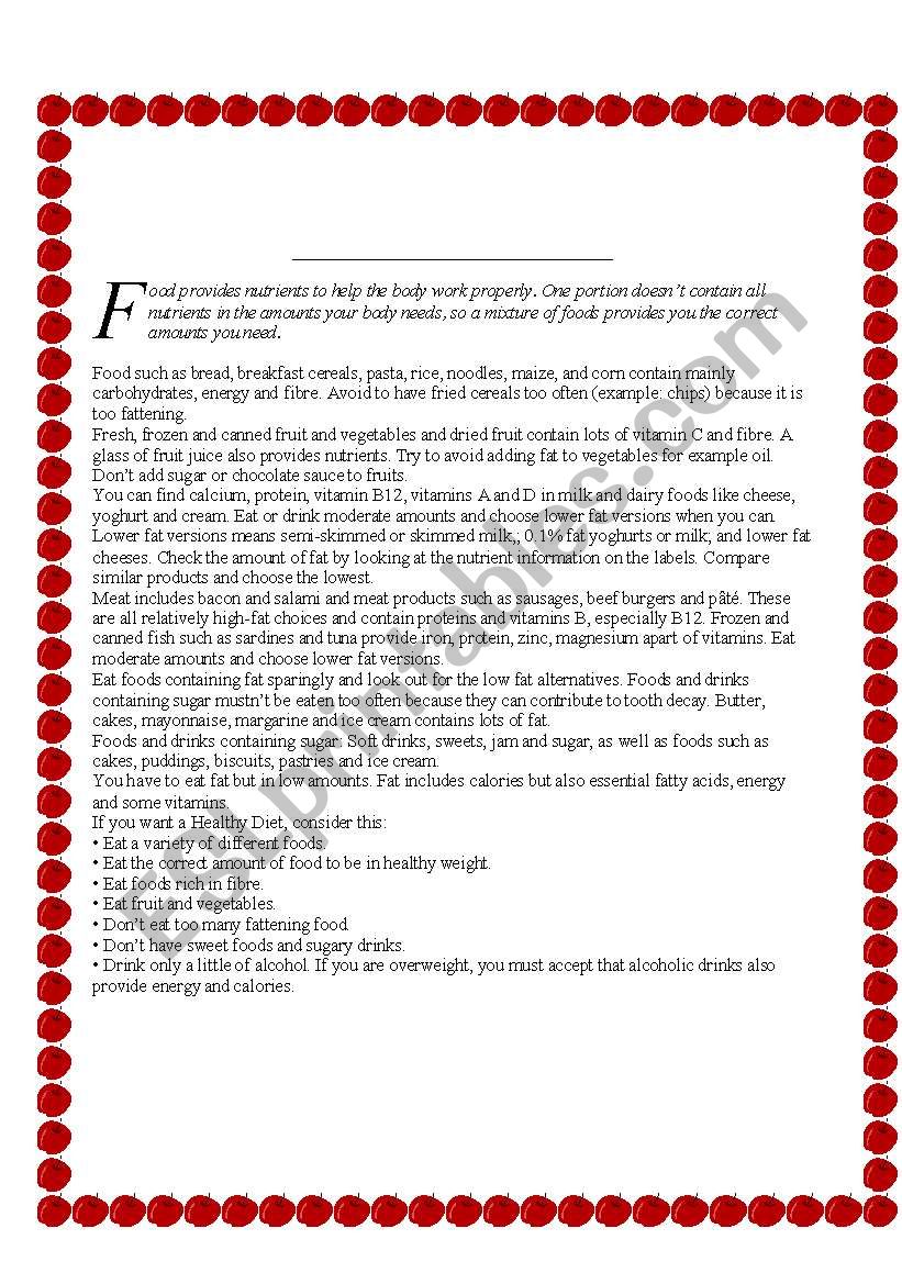 Healthy food worksheet