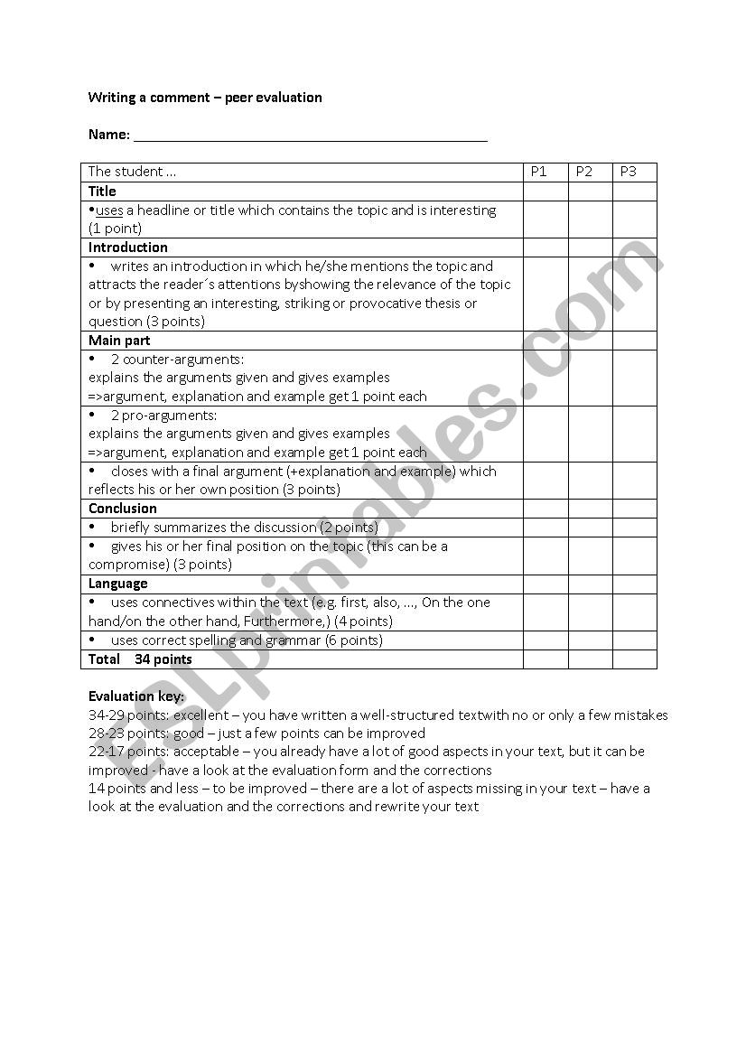 Comment Peer Evaluation  worksheet