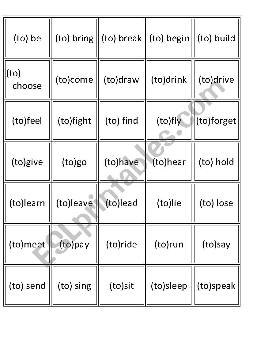 Bingo Cards for Irregular Verbs Bingo