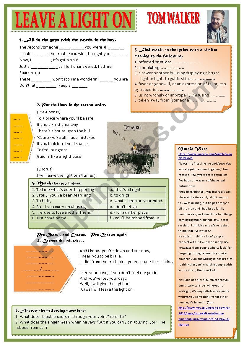 Leave a light on- Tom Walker worksheet