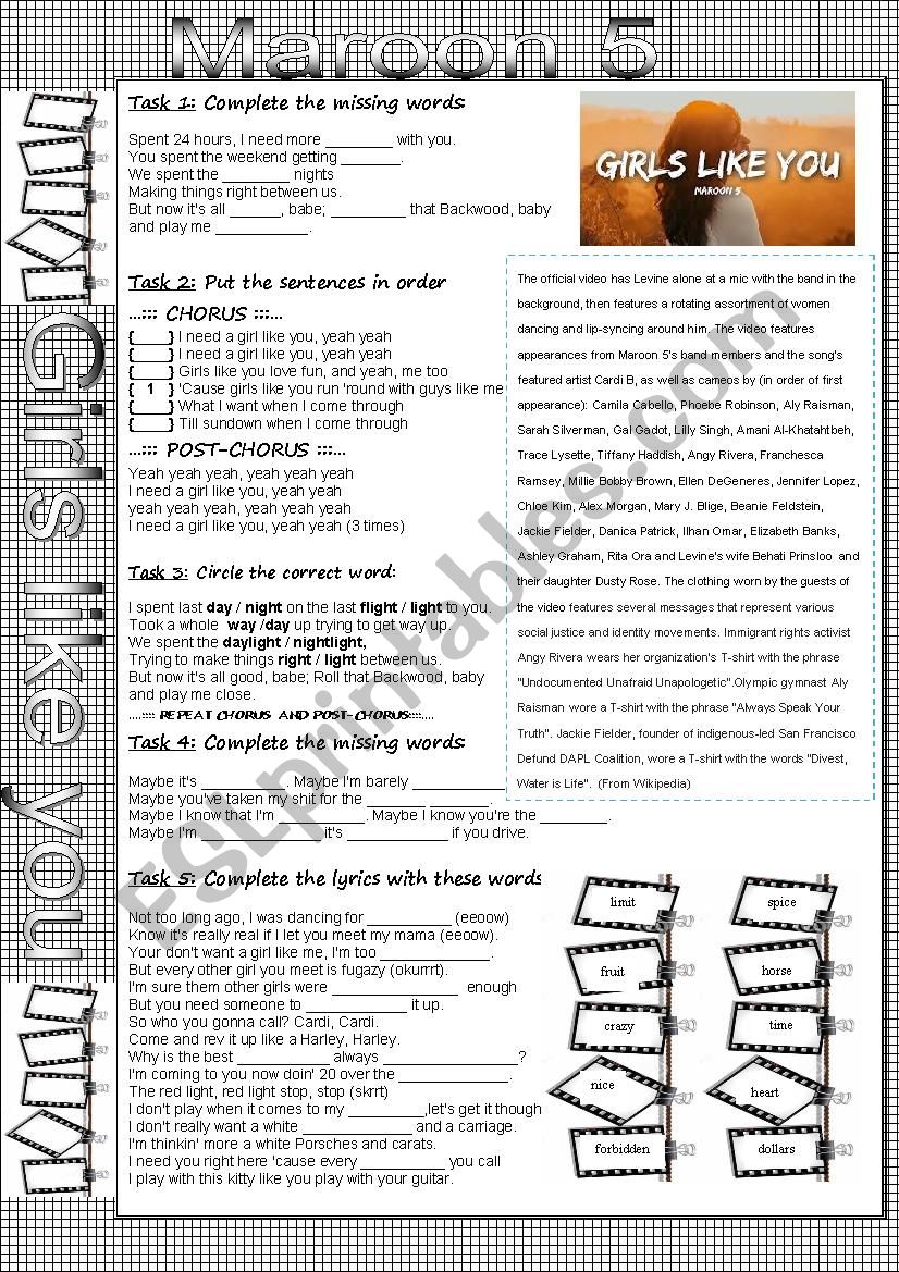 Girls like you - Maroon 5 worksheet