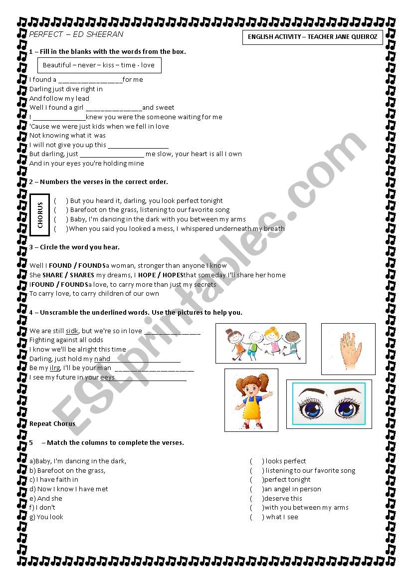 Perfect by Ed Sheeran worksheet