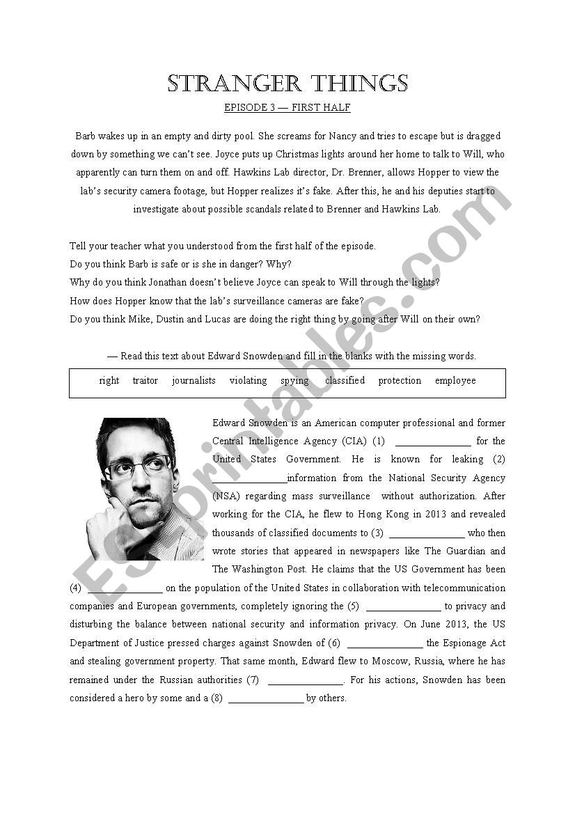 Stranger Things - season 1 episode 3 worksheet