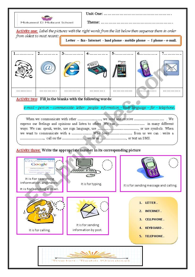 Communication Devices worksheet