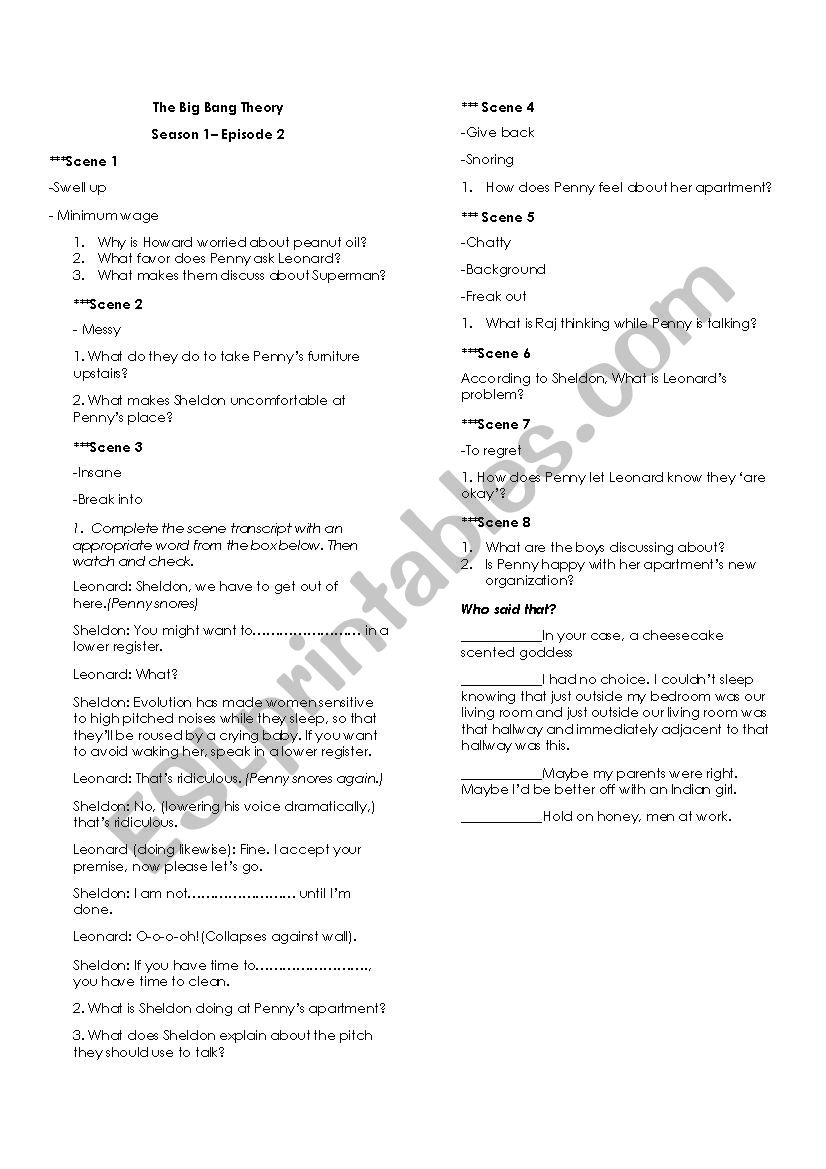 The big bang theory EP 2 S 1 worksheet