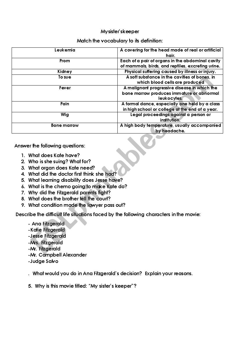 My sisters keeper worksheet