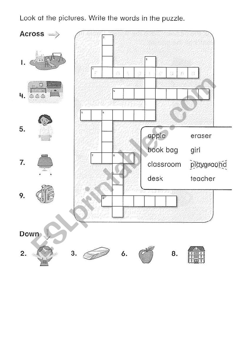 Look at the pictures. Write the words in the puzzle