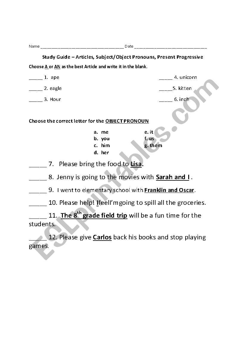 Pronouns worksheet