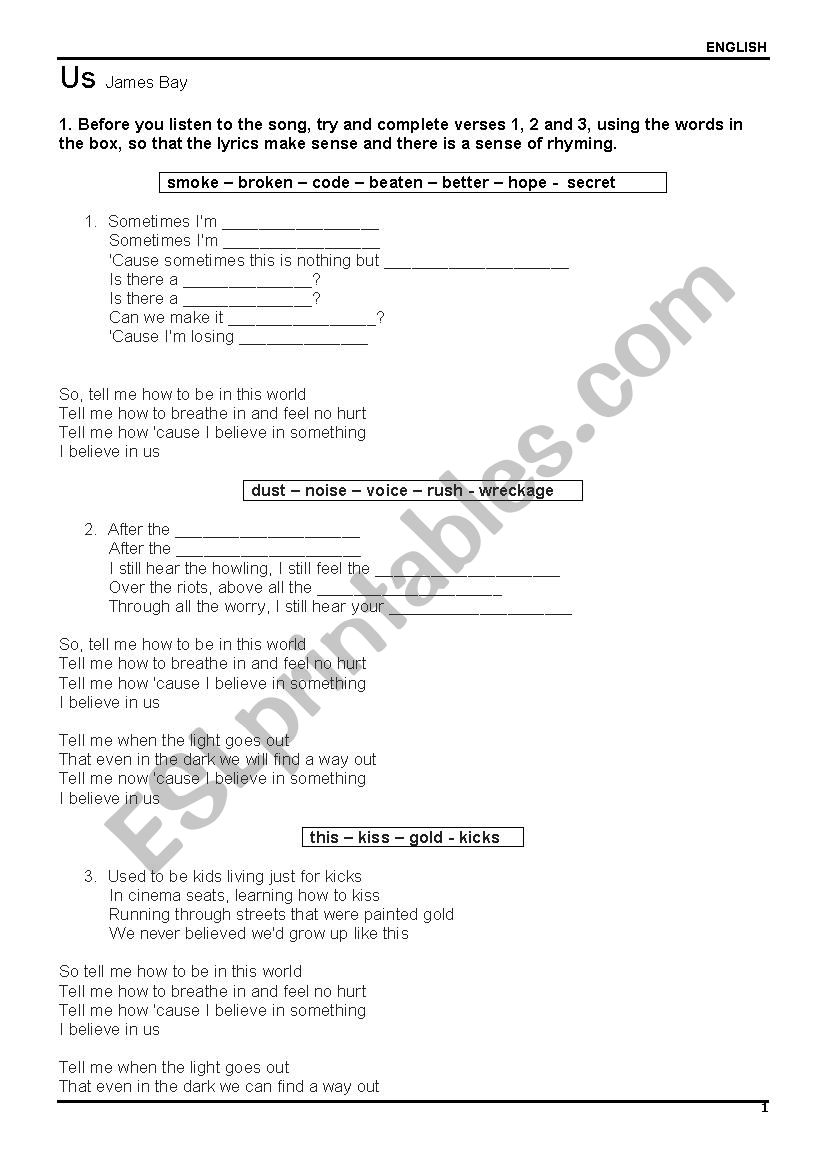 Song Activity US - James Bay worksheet