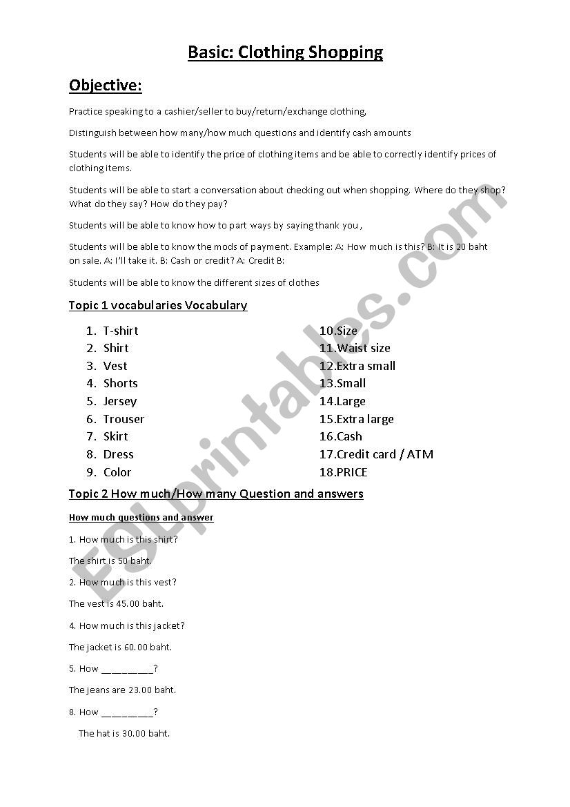 cloth shopping worksheet