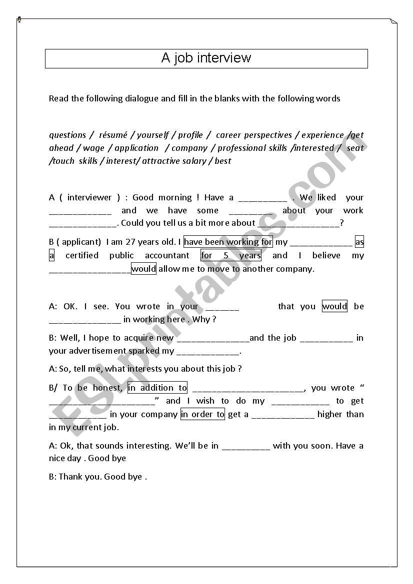 A job interview, fill in the blanks activity 