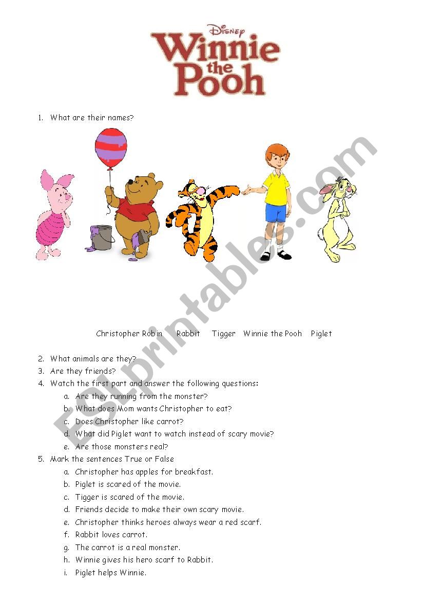 Winnie The Pooh cartoon worksheet