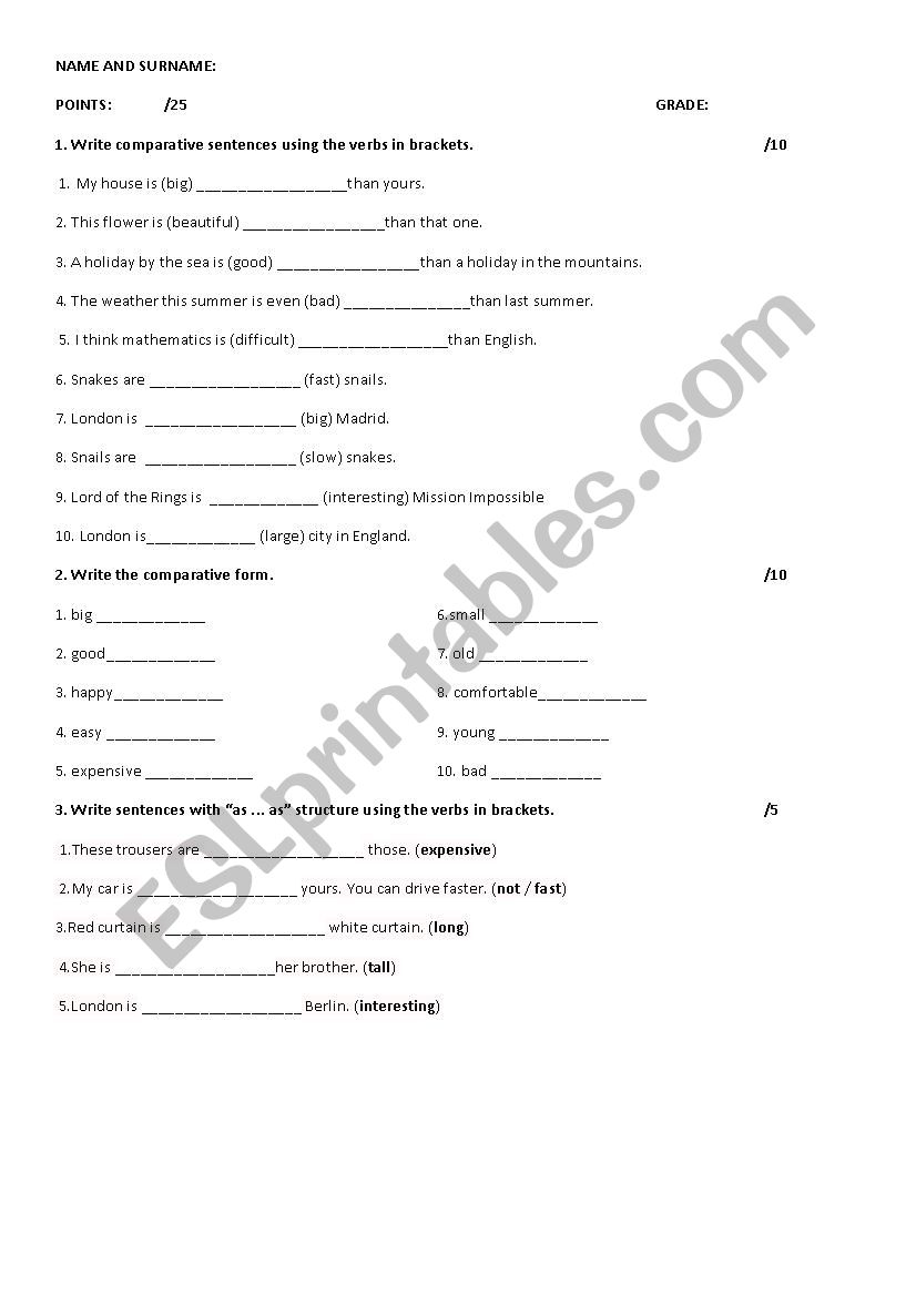 Comparatives - test worksheet