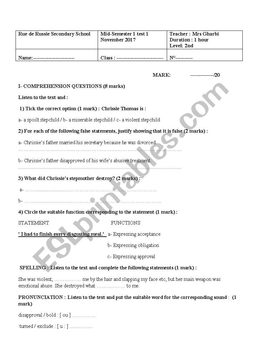 2ND  YEAR TEST 1 worksheet