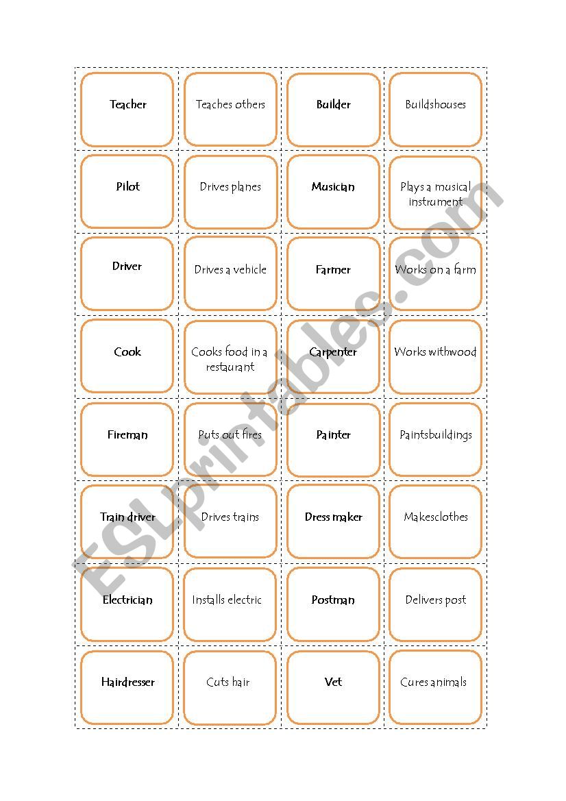 Memory game jobs worksheet