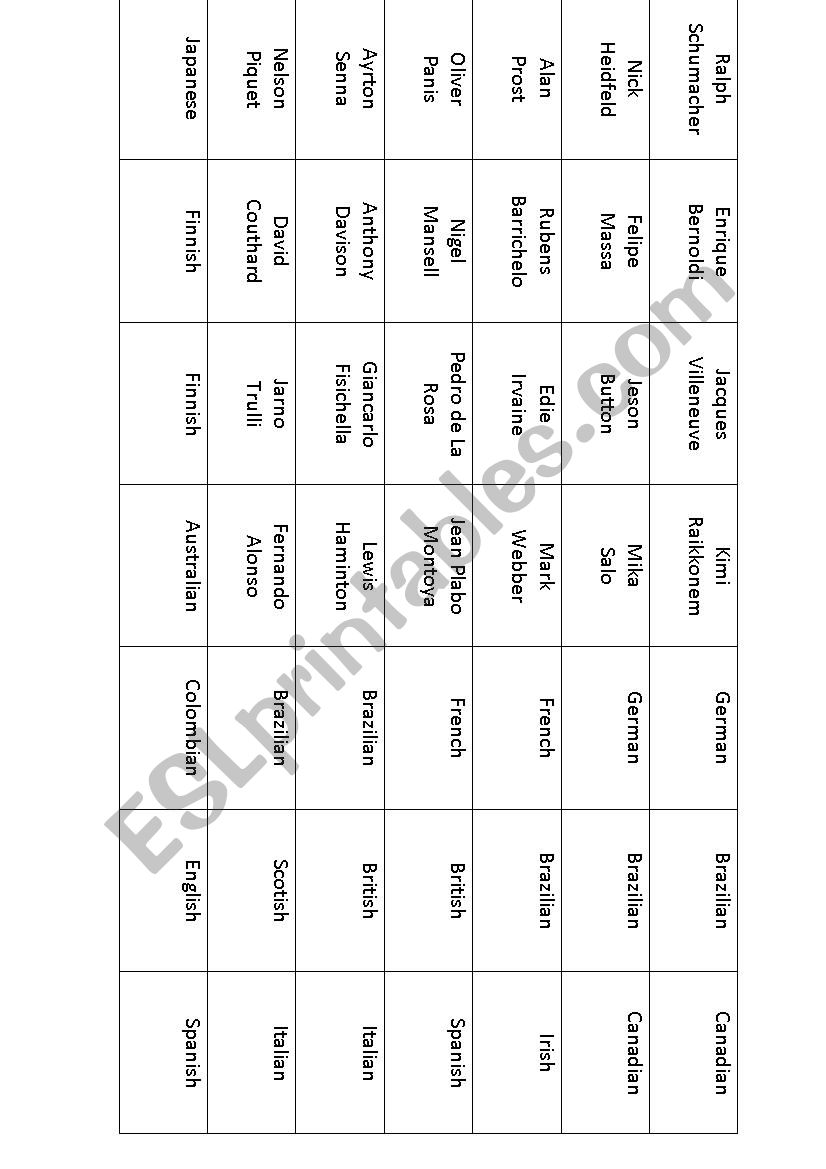 Nationality Car Racers worksheet