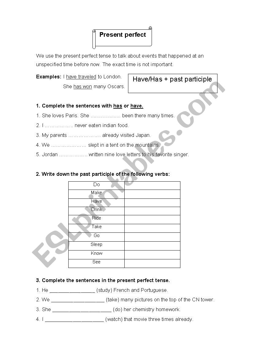 Present Perfect tense worksheet