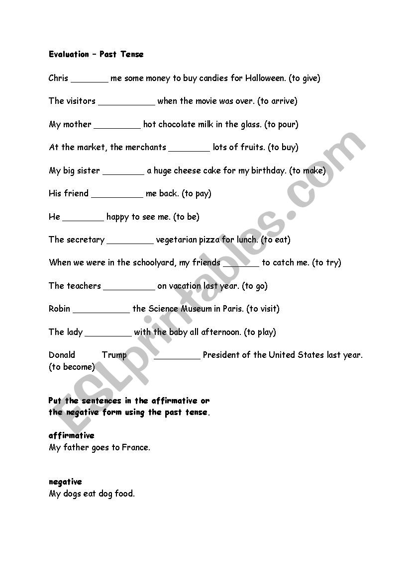 Past tense evaluation worksheet